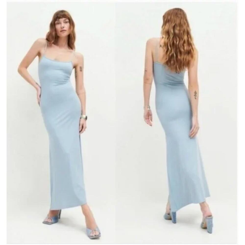 Reformation Cosmo Knit Dress Large Mineral Blue Eco Rib Maxi Slip Dress NWT